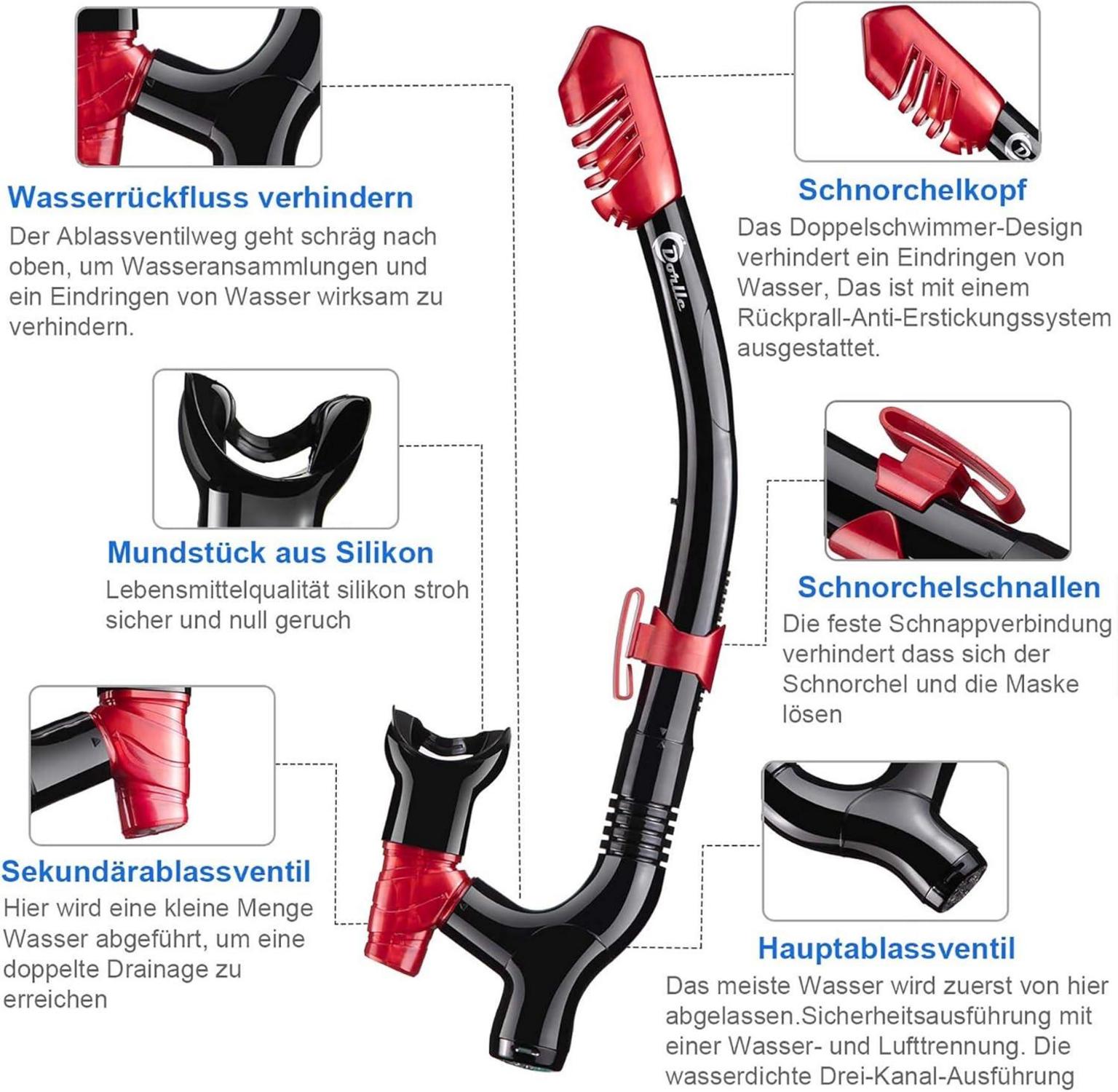 Dorlle Schnorchelset Tauchmaske Anti-Fog Gehärtetes Glas Schwarz/Rot