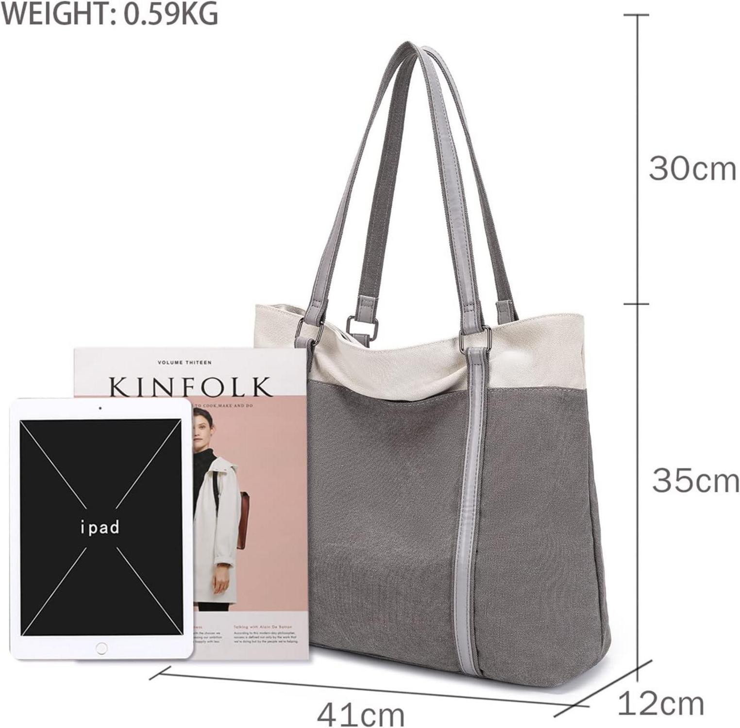 Damen Canvas Handtasche Schultertasche Groß Elegant Shopper Büro Schule Schwarz