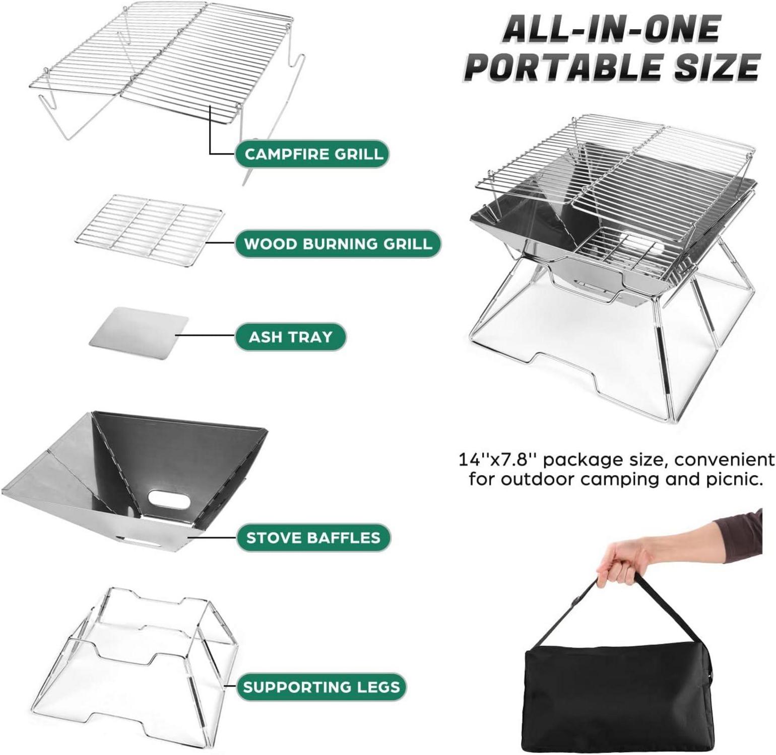 Odoland Tragbarer BBQ Campinggrill Feuerstelle 304 Edelstahl