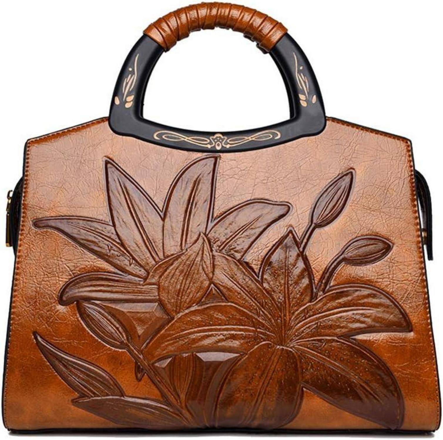 Damen Handtasche Blumenprägung Henkeltasche Holz Henkel Umhängetasche