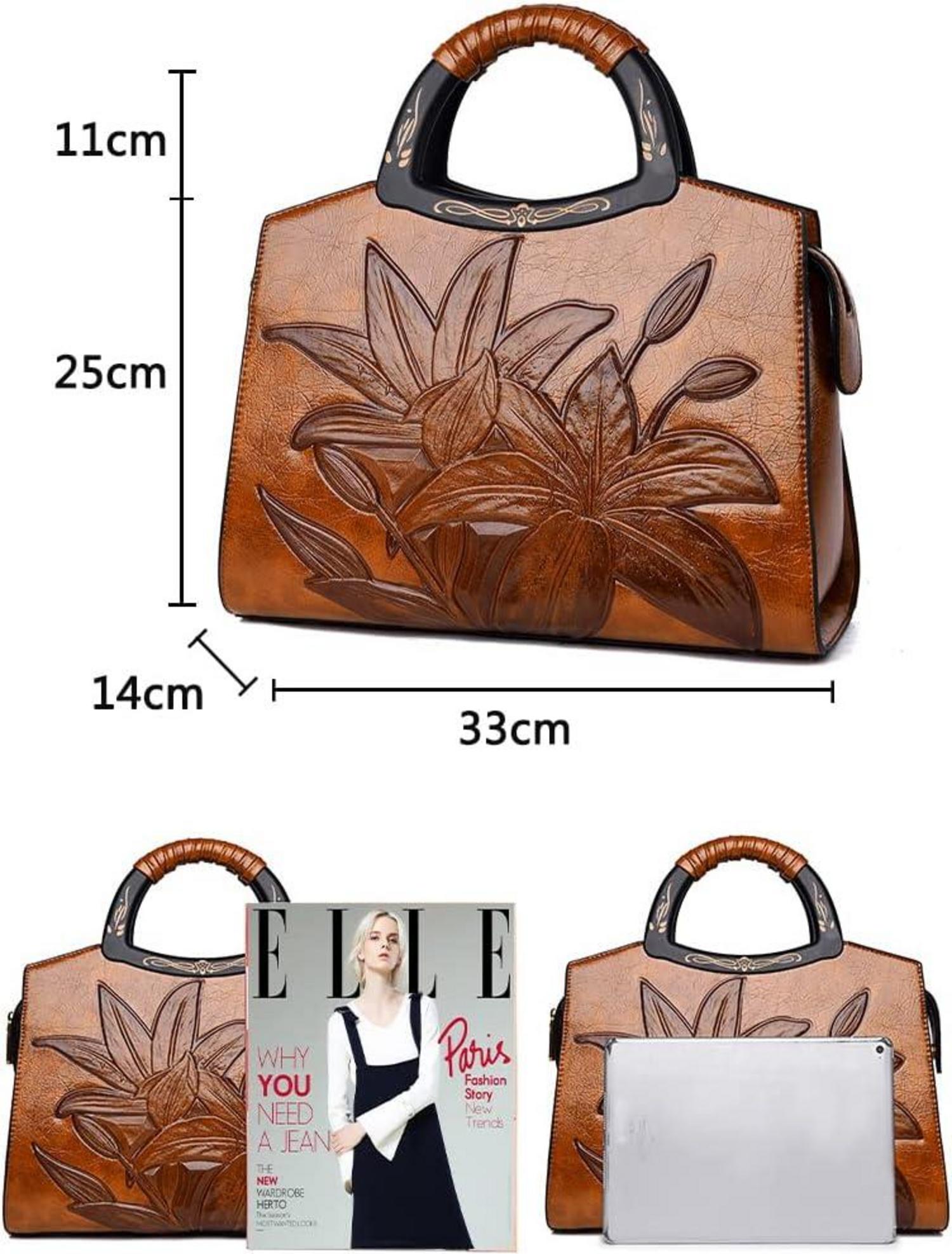 Damen Handtasche Blumenprägung Henkeltasche Holz Henkel Umhängetasche