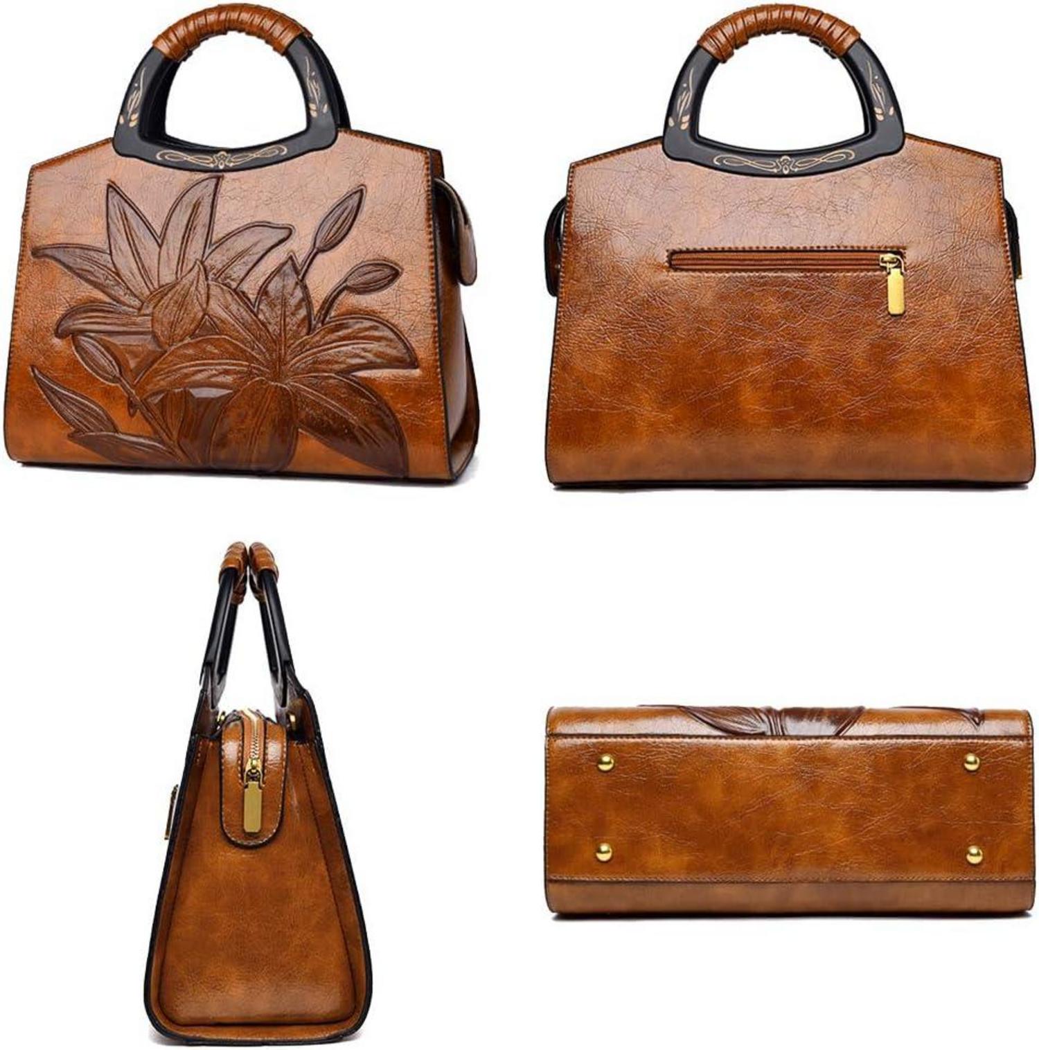 Damen Handtasche Blumenprägung Henkeltasche Schultertasche PU-Leder Coolives