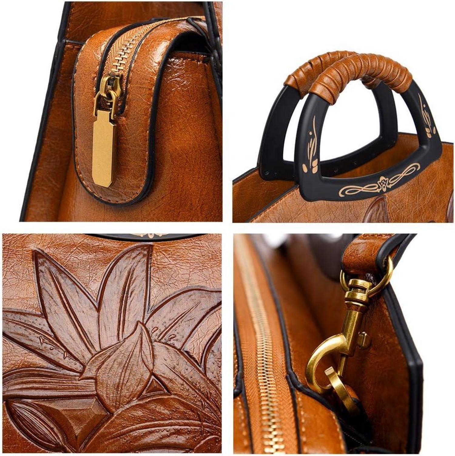 Damen Handtasche Blumenprägung Holz Henkel Umhängetasche Schwarz