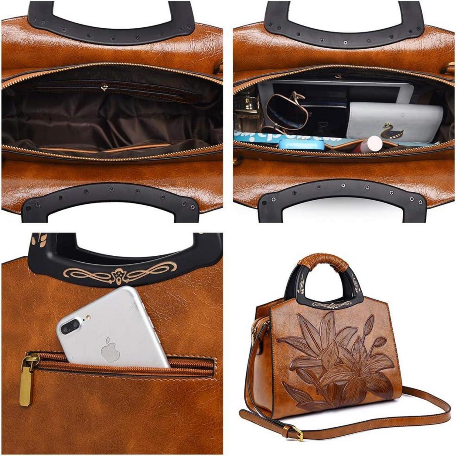 Damen Handtasche Blumenprägung Holz Henkel Umhängetasche Schwarz