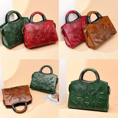 Damen Handtasche Blumenprägung Holz Henkel Umhängetasche Schwarz