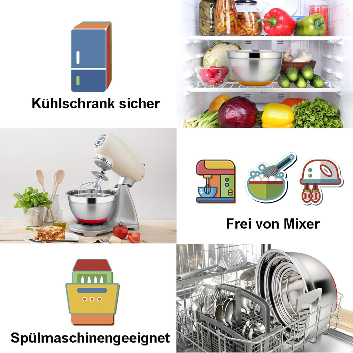 TEAMFAR Edelstahl Rührschüssel Set mit Silikonböden und luftdichten Deckeln 6er-Set