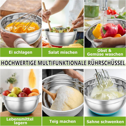 6er-Set Edelstahl Rührschüsseln mit Luftdichten
