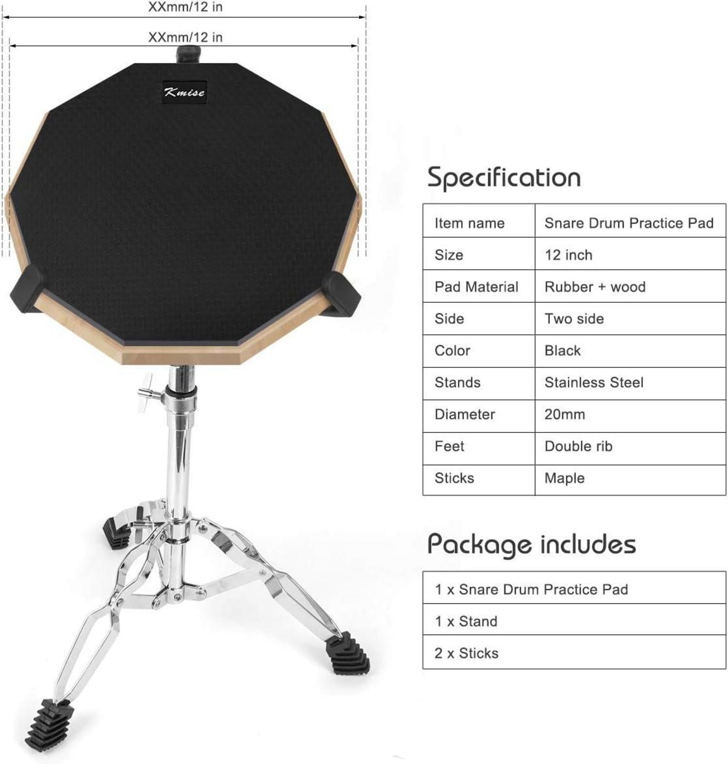 Kmise 12-Zoll-Drum Pad ÜBungspad Snare Ständer Sticks Mute Drum-Set