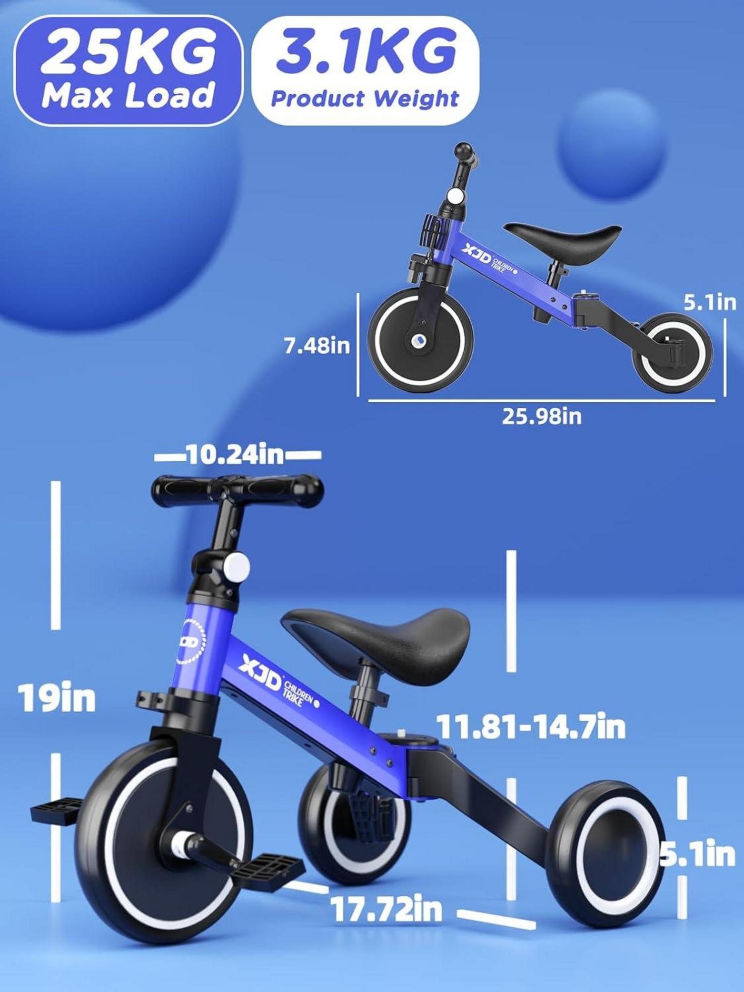 XJD Kinder Dreirad Laufrad 4-in-1 für 10-36 Monate Verstellbarer Sitz Blau