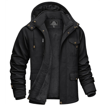 Herren Winterparka mit Kapuze & Cargo Taschen Schwarz