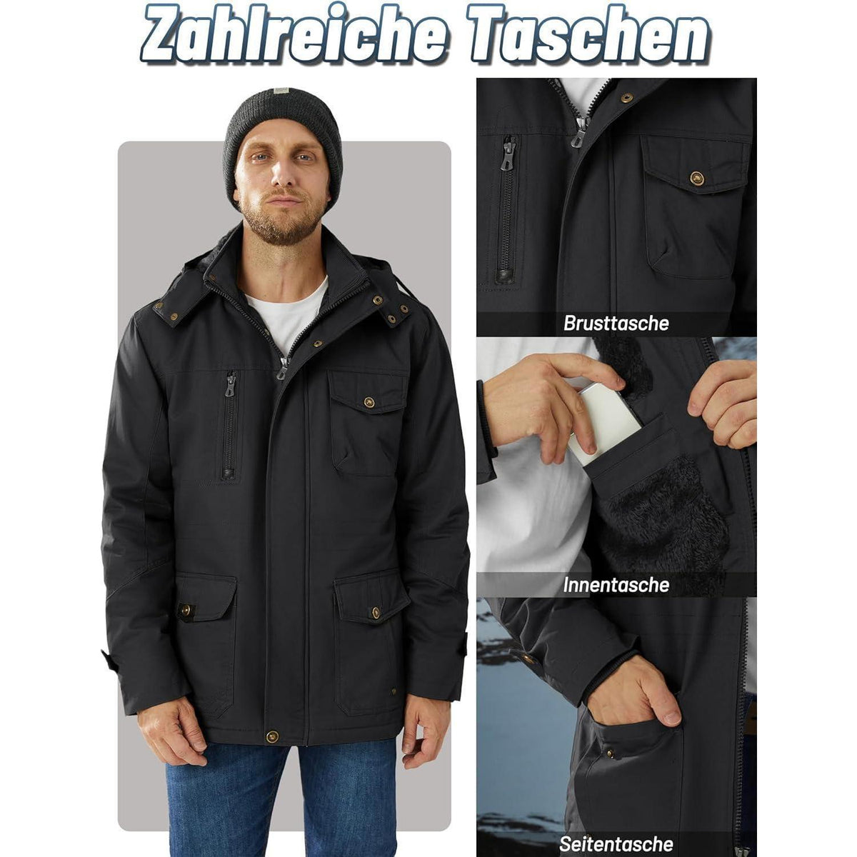Herren Winterparka mit Kapuze & Cargo Taschen Schwarz