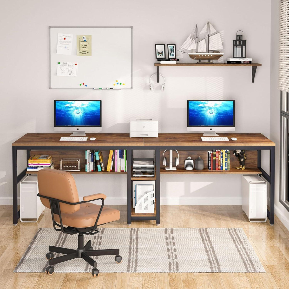 Doppel-Schreibtisch 200cm | Rustikaler Bürotisch für 2 Personen mit Regalen