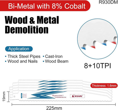 Säbelsägeblätter 225mm 8+10TPI 5 Stück für Holz und Metall