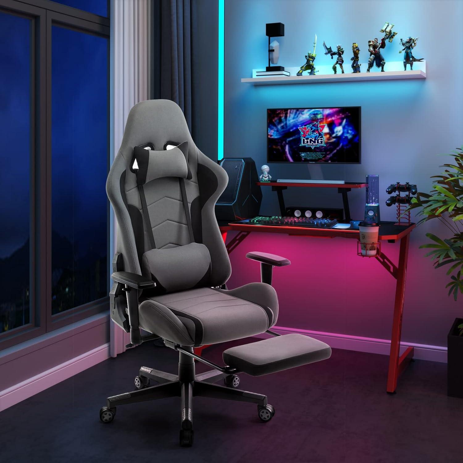 Gaming Stuhl Grau Stoff Ergonomisch Verstellbar Fußstütze Lendenkissen