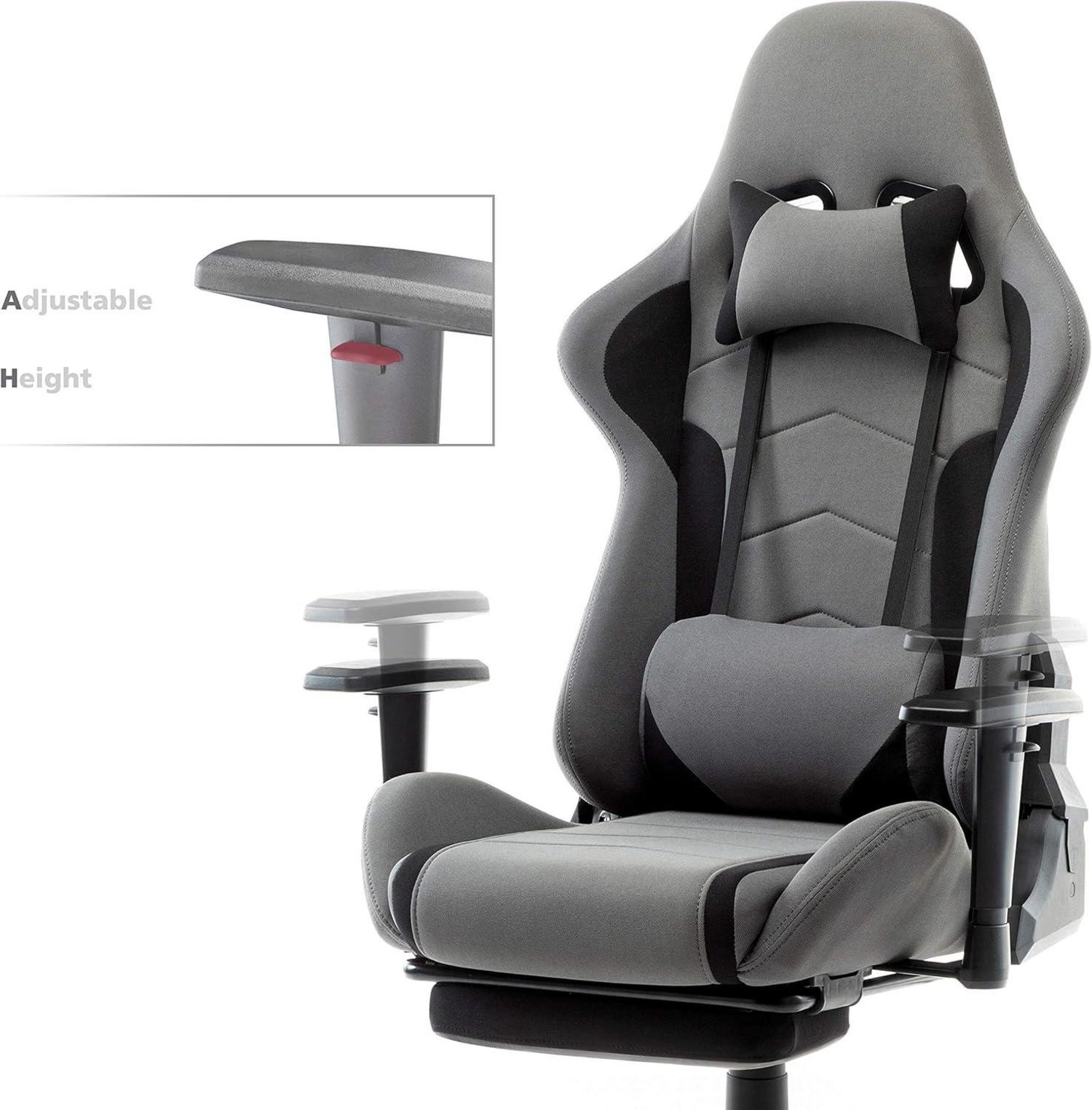 Ergonomischer Gaming Stuhl Stoff Fußstütze Racing Bürostuhl Grau