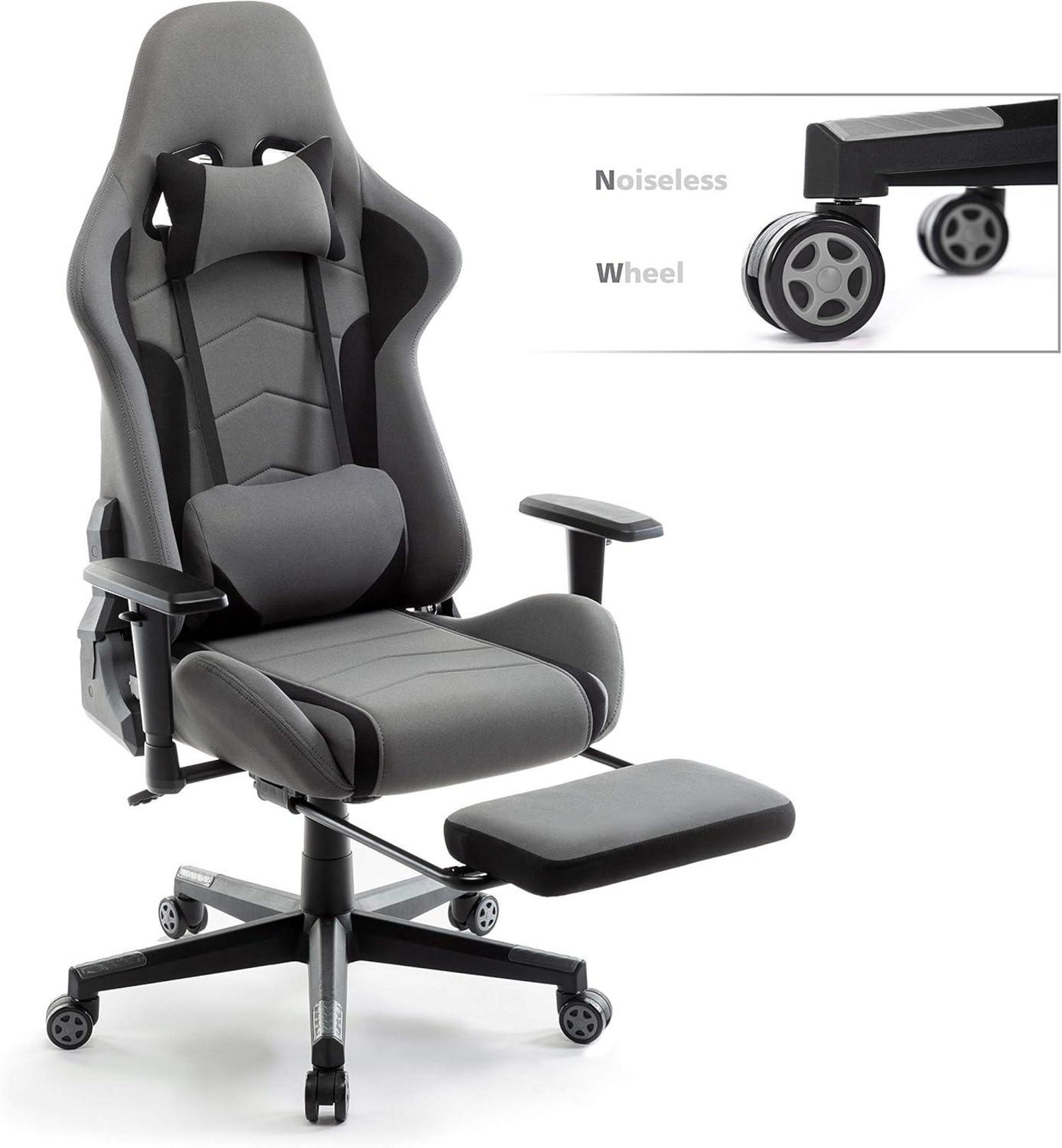 Ergonomischer Gaming Stuhl Stoff Grau mit Fußstütze und verstellbaren
