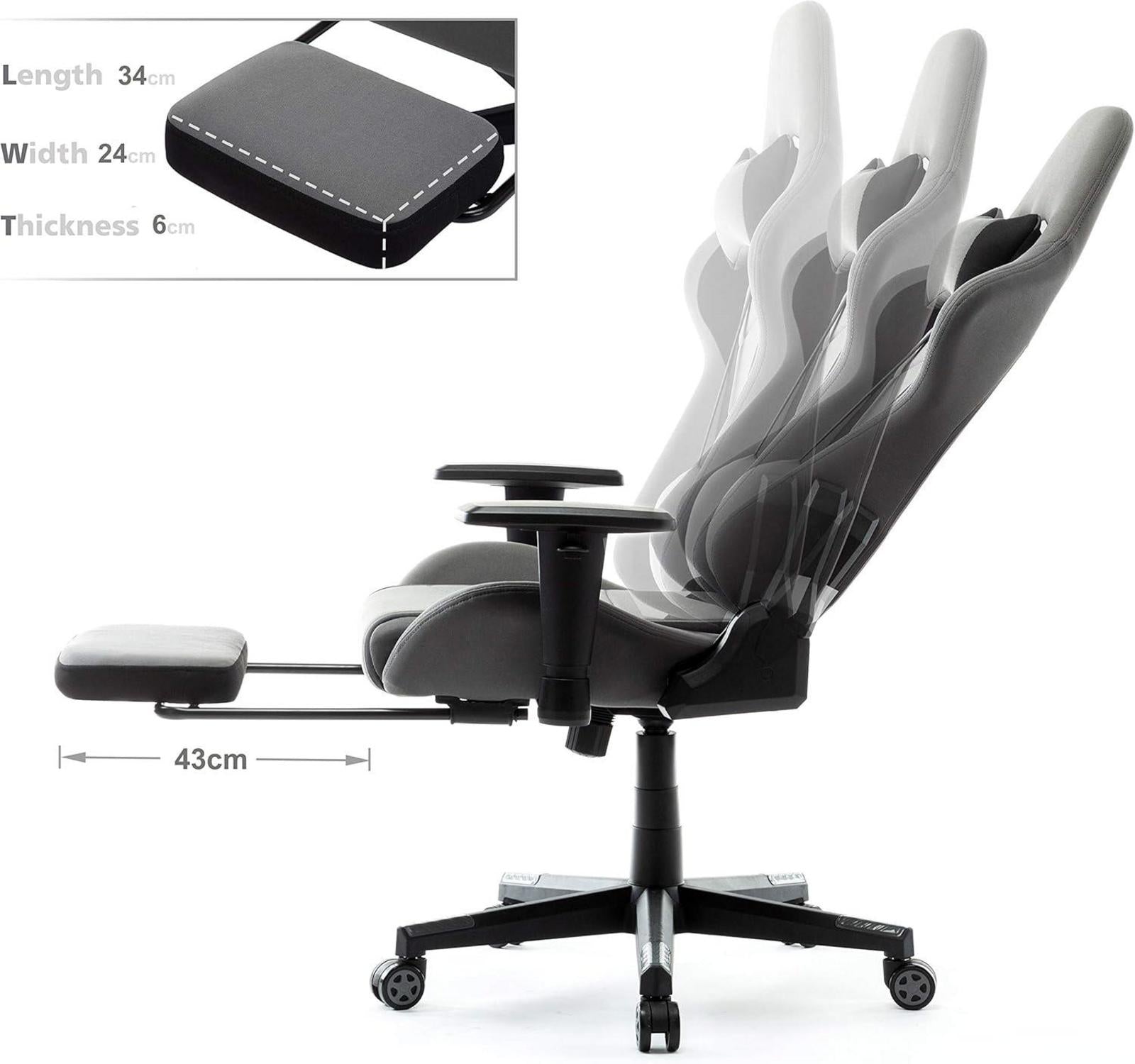 Gaming Stuhl Grau Stoff Ergonomisch Verstellbar Fußstütze Lendenkissen