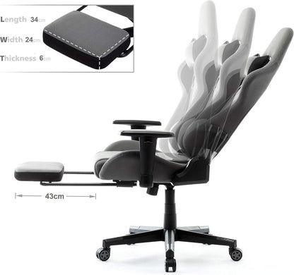 Gaming Stuhl Grau Stoff Ergonomisch Verstellbar Fußstütze Lendenkissen