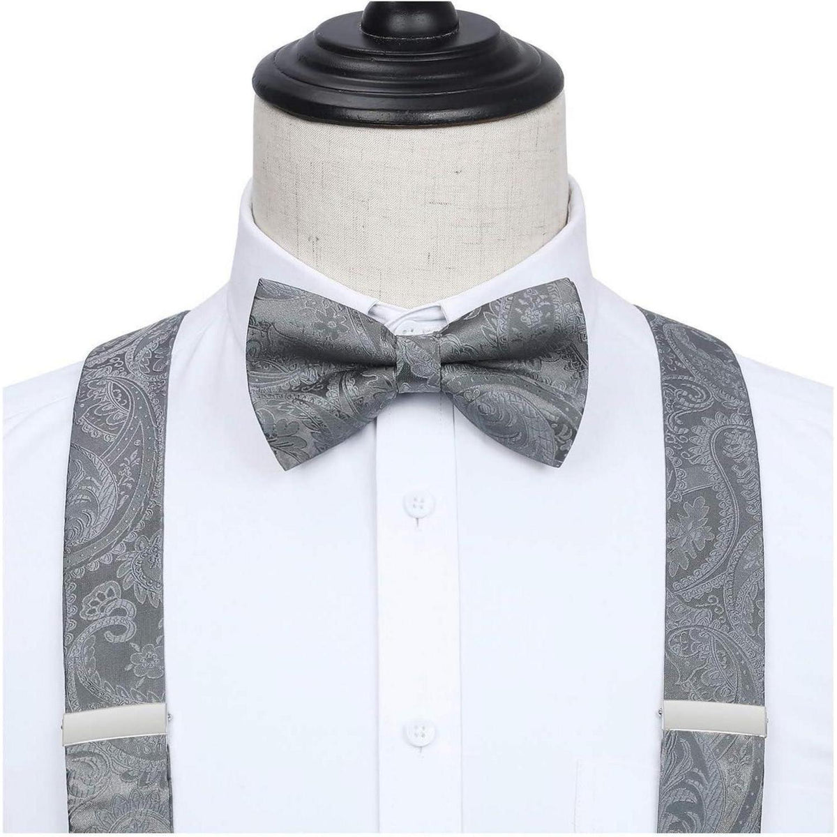 Herren Hosenträger Set Grau Paisley mit Fliege & Einstecktuch