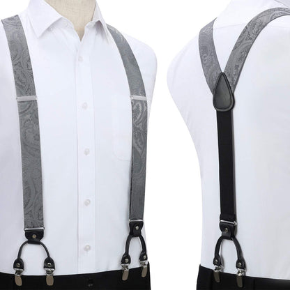 Herren Hosenträger Set Grau Paisley mit Fliege & Einstecktuch