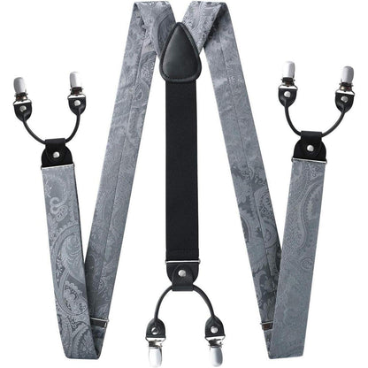Herren Hosenträger Set Grau Paisley mit Fliege & Einstecktuch