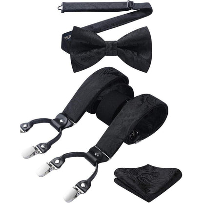 Herren Hosenträger Set mit Fliege & Einstecktuch – Y-Form, 6 Clips, Paisley Schwarz