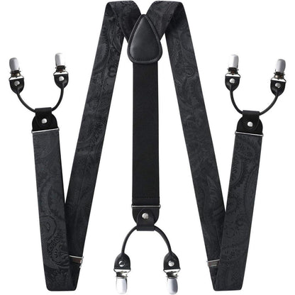 Herren Hosenträger Set mit Fliege & Einstecktuch – Y-Form, 6 Clips, Paisley Schwarz
