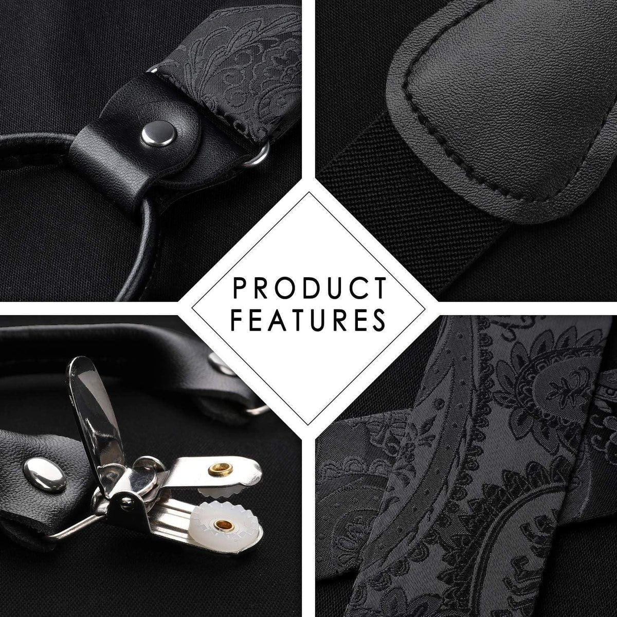 Herren Hosenträger Set mit Fliege & Einstecktuch – Y-Form, 6 Clips, Paisley Schwarz