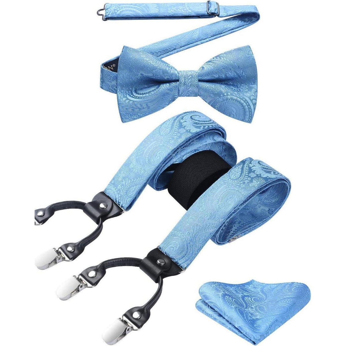 Herren Hosenträger Set mit Fliege und Einstecktuch, Himmelblau Paisley