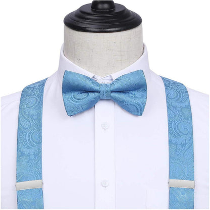 Herren Hosenträger Set mit Fliege und Einstecktuch, Himmelblau Paisley
