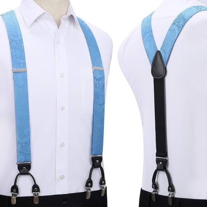 Herren Hosenträger Set mit Fliege und Einstecktuch, Himmelblau Paisley