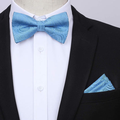 Herren Hosenträger Set mit Fliege und Einstecktuch, Himmelblau Paisley