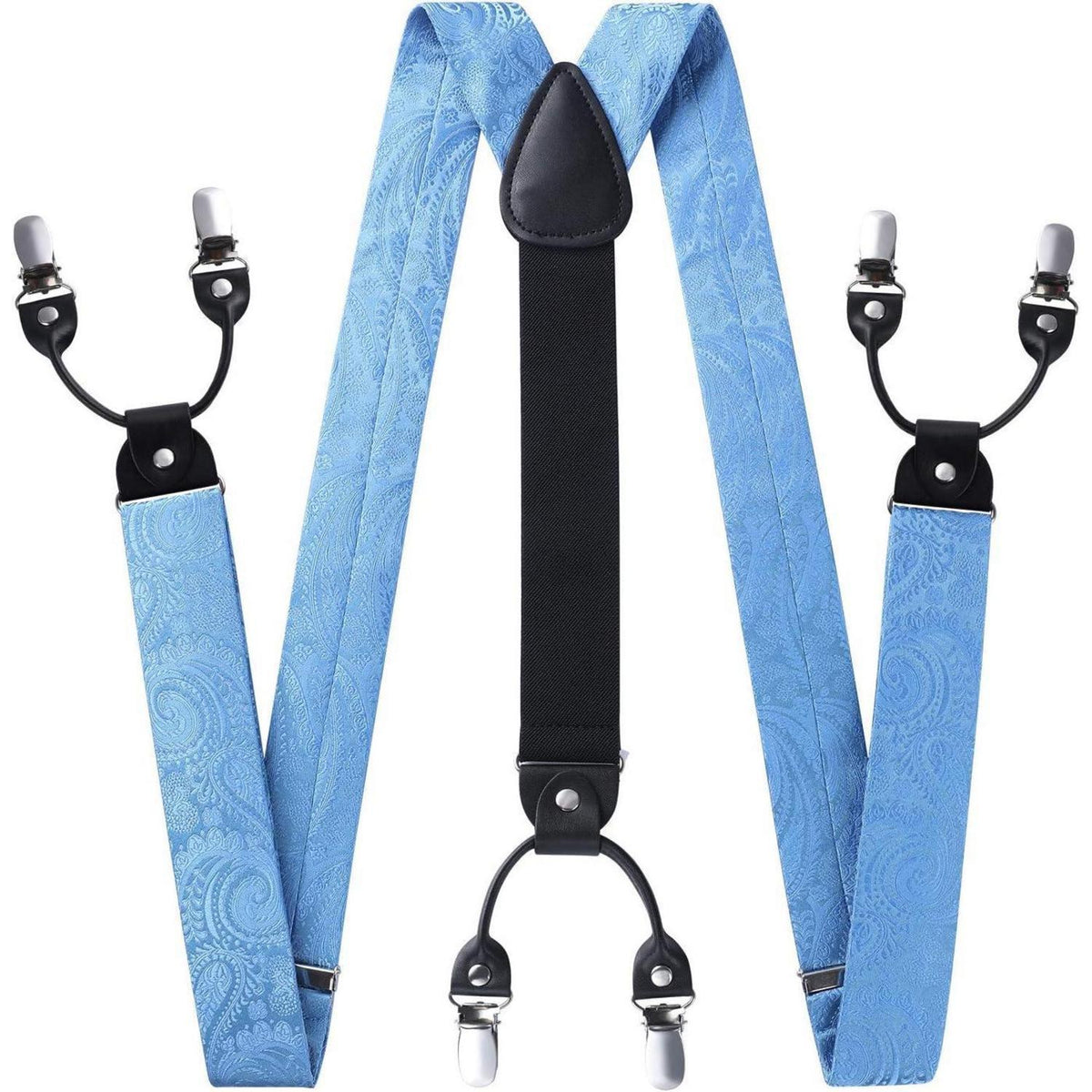 Herren Hosenträger Set mit Fliege und Einstecktuch, Himmelblau Paisley
