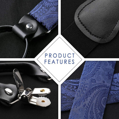 Herren Hosenträger Set mit Fliege und Einstecktuch, Himmelblau Paisley