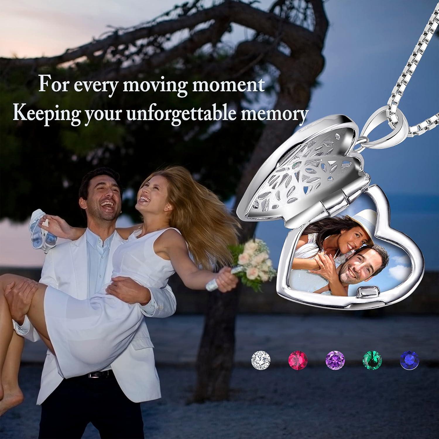 Foto Medaillon Kette Damen 925 Sterling Silber Herz Saphir