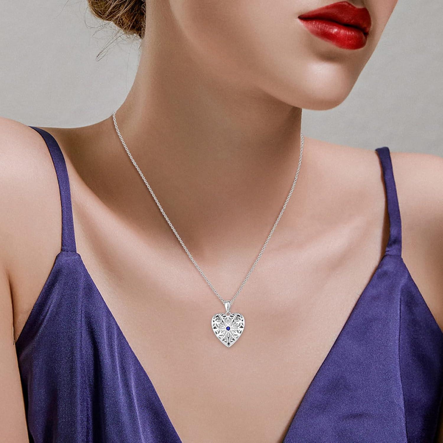 FJ Damen Foto Medaillon Kette 925 Silber Herz Opal Anhänger Vintage Halskette