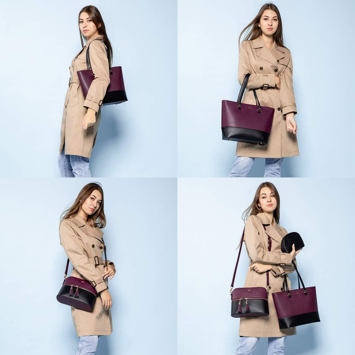 Großes Handtaschen-Set 3-teilig Schwarz-Violett in Lederoptik