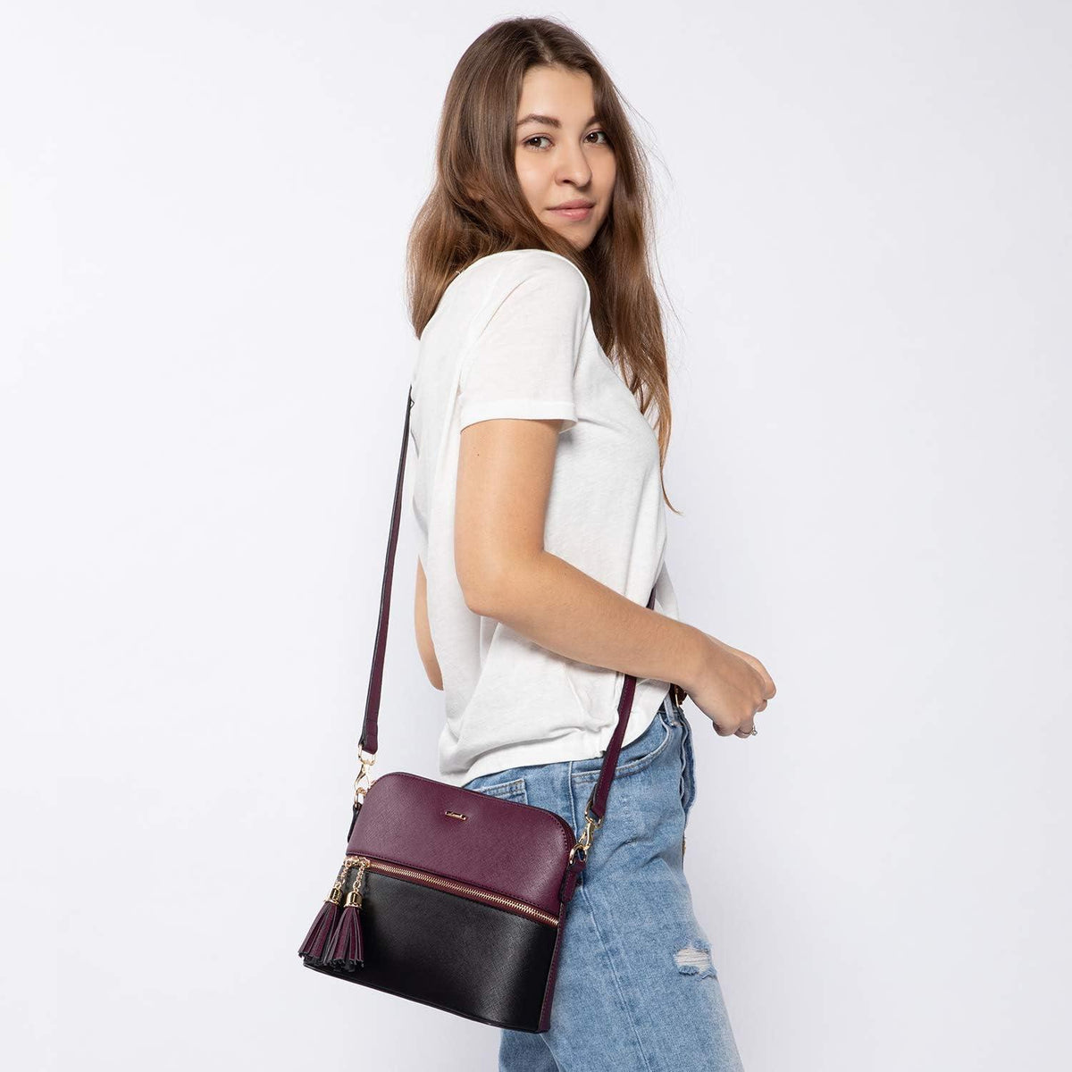 Großes Handtaschen-Set 3-teilig Schwarz-Violett in Lederoptik