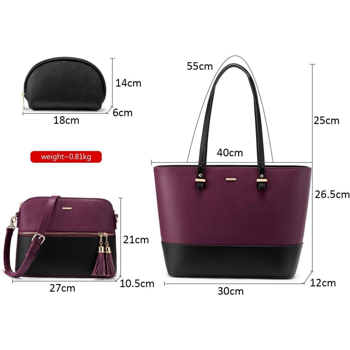 Großes Handtaschen-Set 3-teilig Schwarz-Violett in Lederoptik