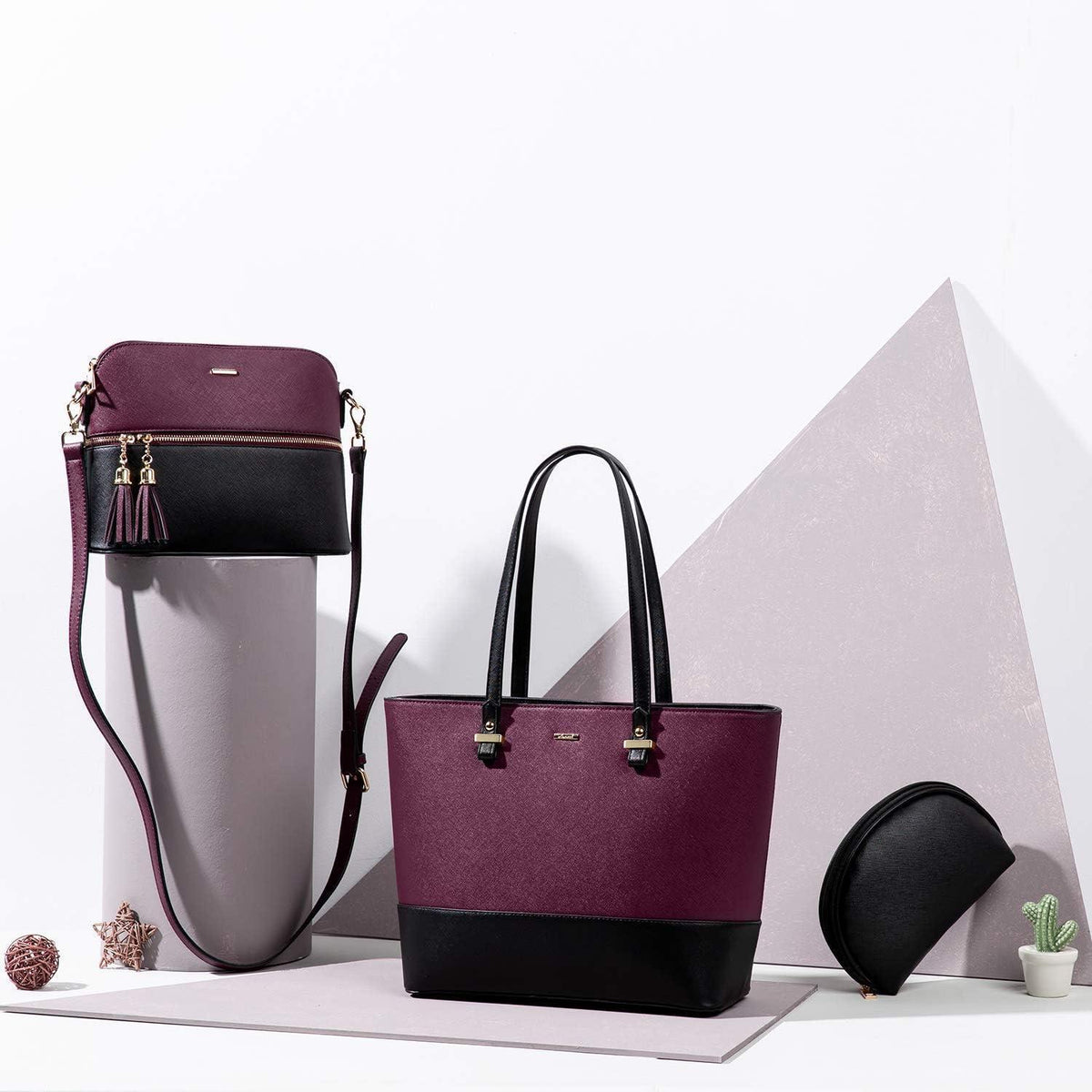 Großes Handtaschen-Set 3-teilig Schwarz-Violett in Lederoptik