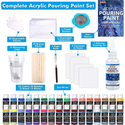 Shuttle Art Pouring Acrylfarben Set, 36 Farben, Leinwand