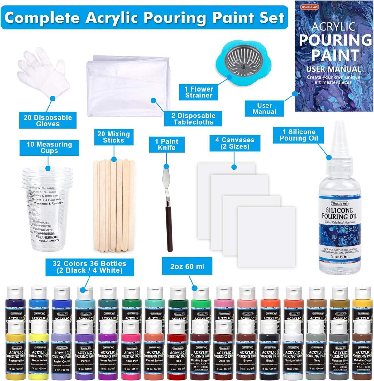 Shuttle Art Pouring Acrylfarben Set, 36 Farben, Leinwand