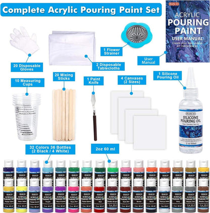 Shuttle Art Pouring Acrylfarben Set, 36 Farben, Leinwand
