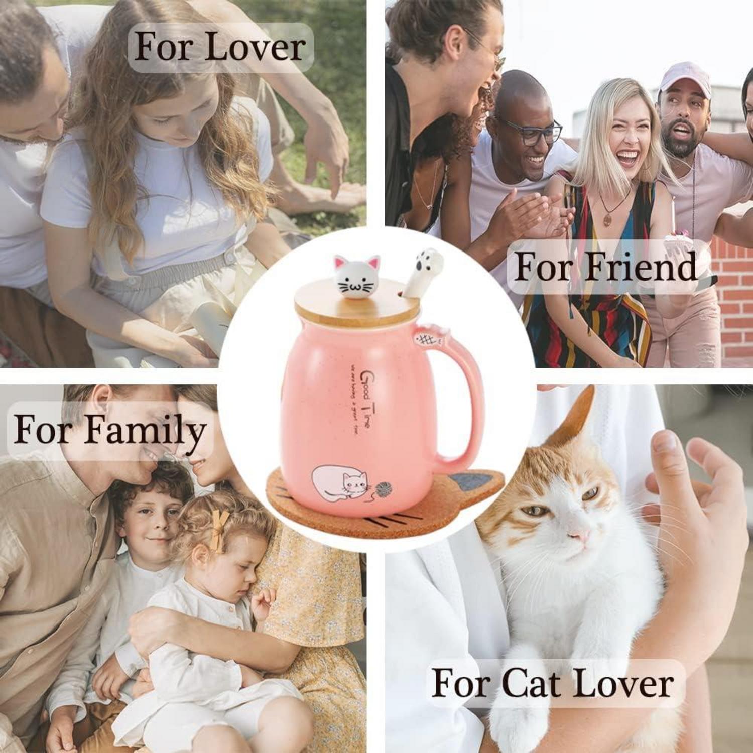 Süße Katzen-Tasse Keramik Kaffeetasse Deckel Edelstahl Löffel Neuheit 380ML Rosa
