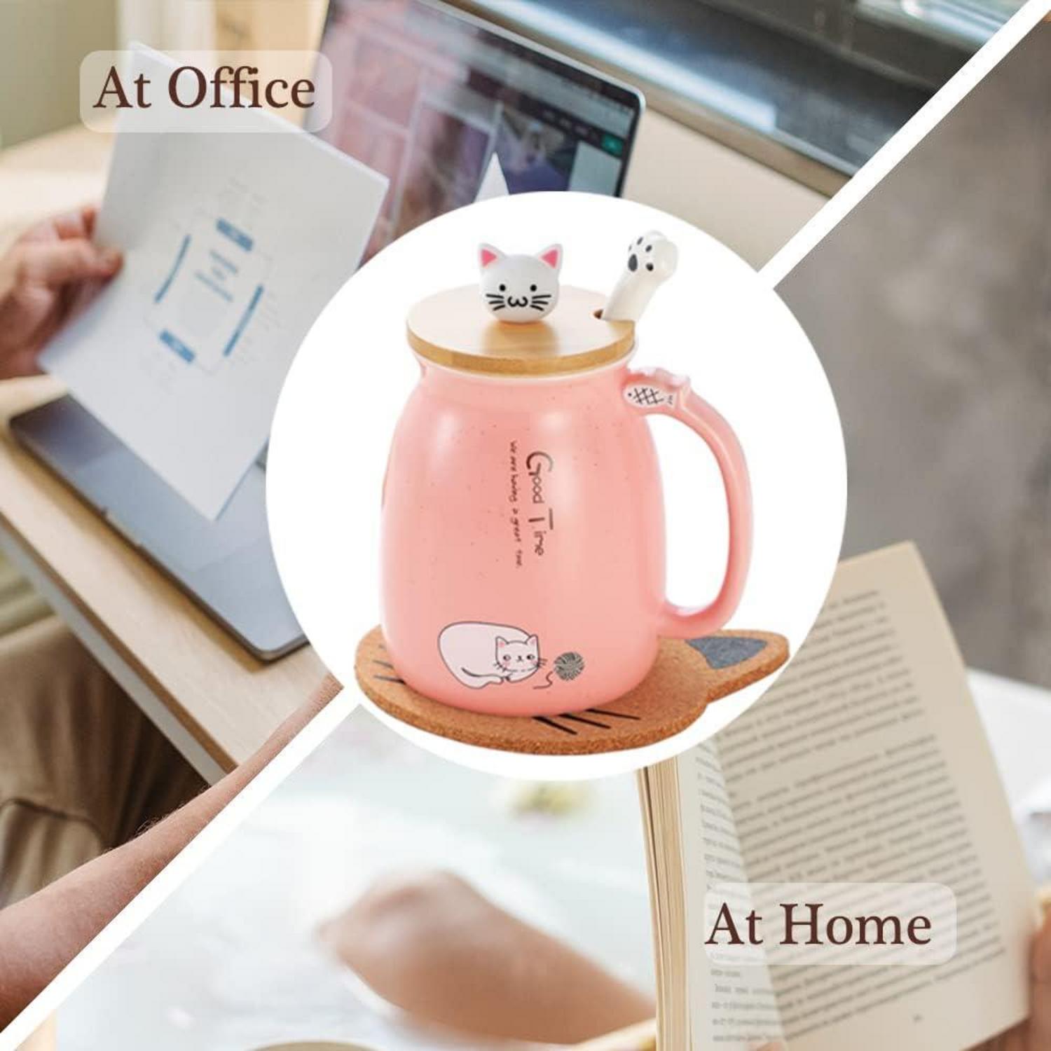 Katzen-Tasse Süße Keramik Kaffeetasse mit Deckel und Löffel 380ML Rosa