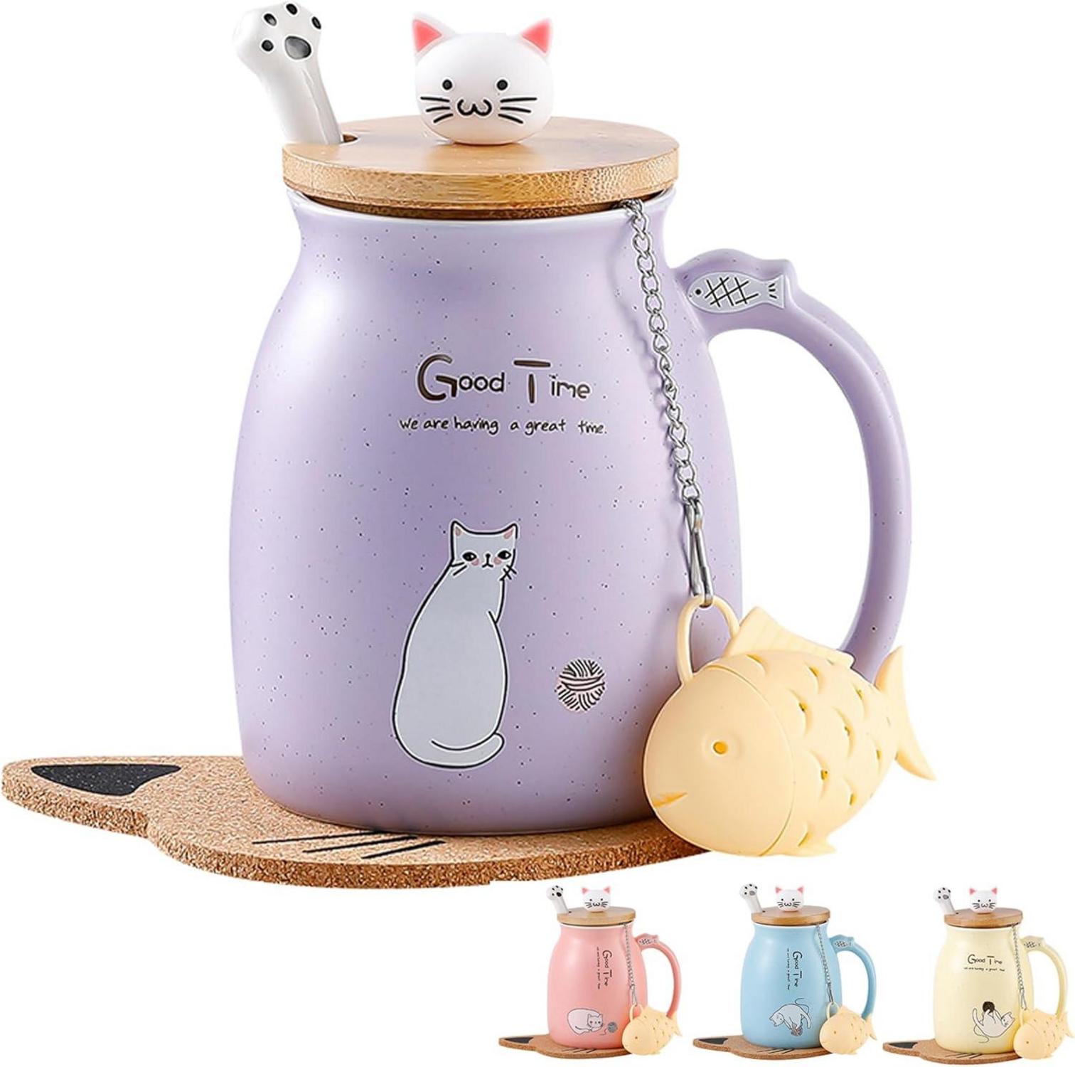 Süße Katzen-Tasse Keramik Kaffeetasse mit Deckel & Löffel 380ML