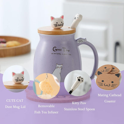 Süße Katzen-Tasse Keramik mit Deckel und Löffel 380ml Blau
