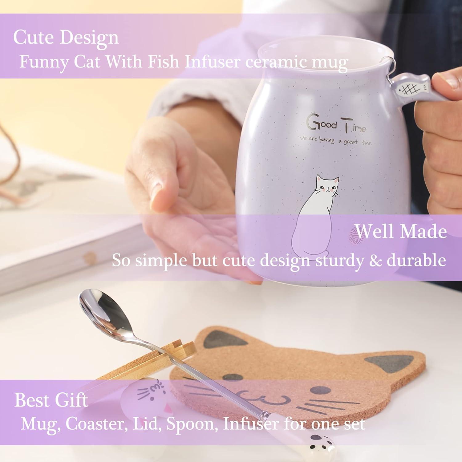 Süße Katzen-Tasse Keramik Kaffeetasse mit Deckel & Löffel 380ML