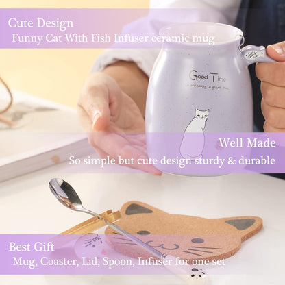 Süße Katzen-Tasse Keramik Kaffeetasse mit Deckel & Löffel 380ML