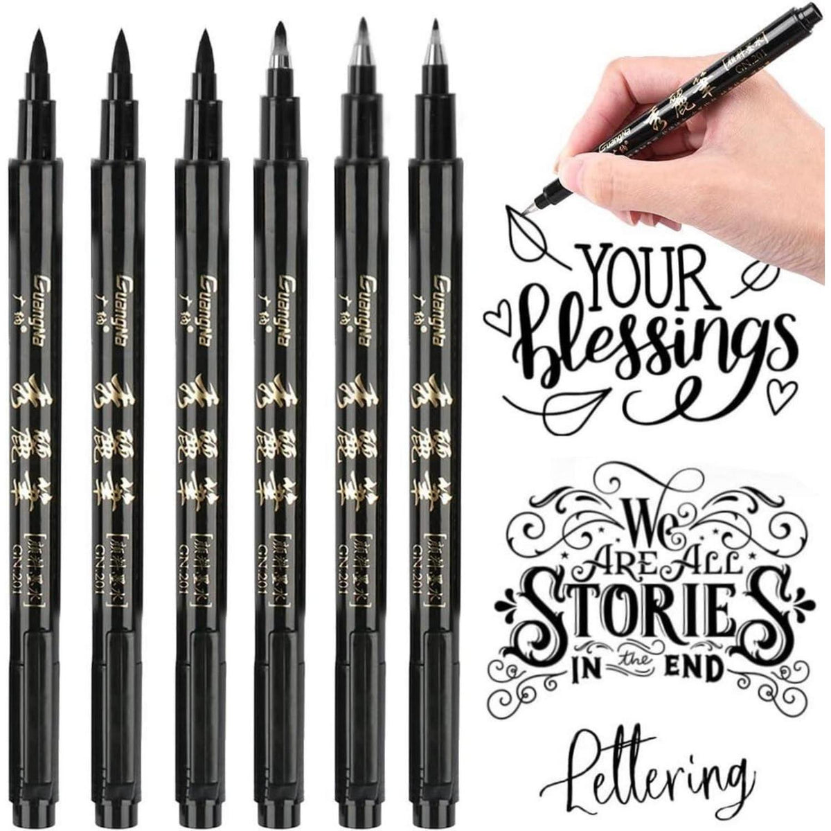 Kalligraphie Stift Set – 6 Schwarze Pinselstifte für Handlettering